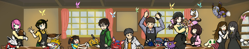 absurdres apron bakumon bearmon bug butterfly cake digimon digimon_rearise dorumon elecmon female_protagonist_(digimon_rearise) floating food hackmon_(digimon) herissmon highres hiiragi_takumi insect kohinata_mayu kudamon_(digimon_savers) looking_at_another lopmon mon_(digimon_rearise) natsuyagi_kazuma plotmon pumpmon shinjo_michi shinkai_sara tamada_keito tamada_nozomi tsukimori_chihiro wings