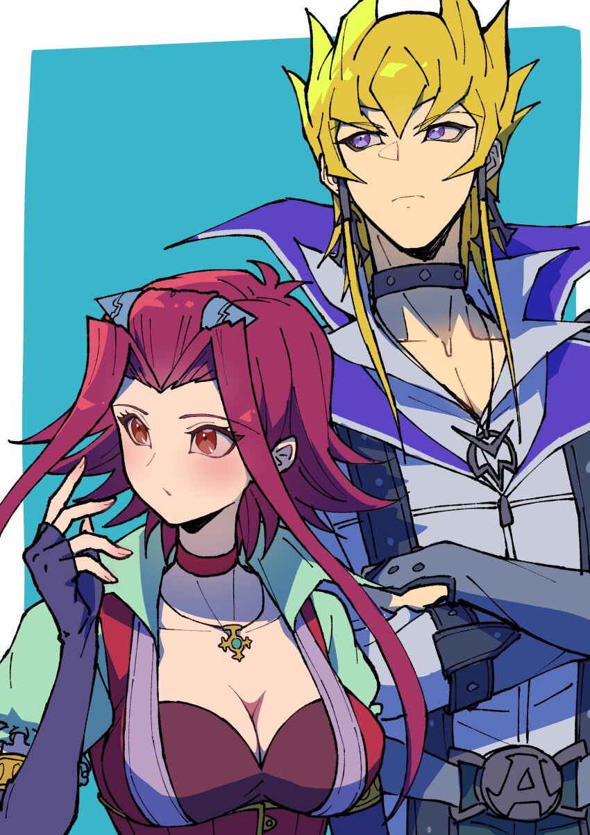 1boy 1girl absurdres blonde_hair blue_background border breasts brown_eyes cleavage collarbone crossed_arms dress highres izayoi_aki jack_atlas jacket jewelry large_breasts medium_hair pendant purple_eyes red_dress red_hair simple_background upper_body white_border white_jacket youko-shima yu-gi-oh! yu-gi-oh!_5d&#039;s