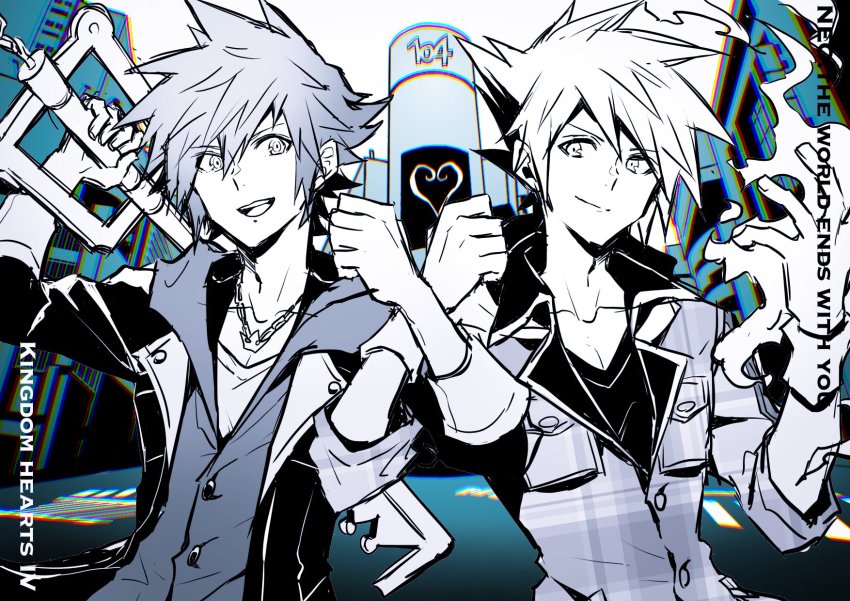 2boys company_connection crossover crown_(symbol) eme_(204) glowing glowing_hand highres hood hoodie jacket jewelry keyblade kingdom_hearts kingdom_hearts_iv kingdom_key looking_at_viewer monochrome multiple_boys necklace over_shoulder sakuraba_neku shibuya_(tokyo) shin_subarashiki_kono_sekai smile sora_(kingdom_hearts) spiked_hair square_enix subarashiki_kono_sekai tokyo_(city) weapon weapon_over_shoulder