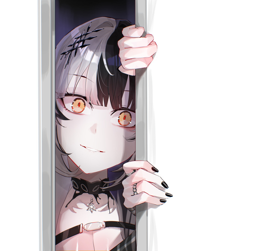 1girl absurdres black_arm_warmers black_choker black_hair black_nails breasts choker cleavage grey_hair highres hololive hololive_english jewelry kurochanai large_breasts looking_at_viewer multicolored_hair ring shiori_novella shiori_novella_(1st_costume) solo split-color_hair striped_arm_warmers two-tone_hair virtual_youtuber yellow_eyes