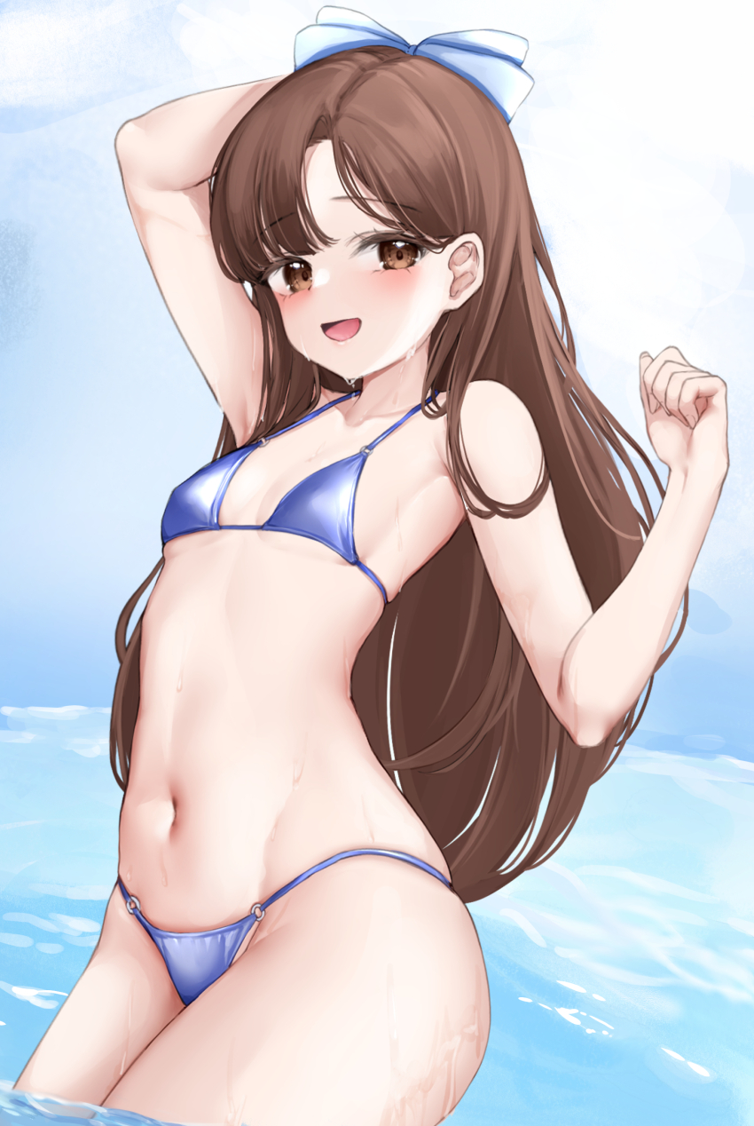 1girl absurdres arm_behind_head arm_up armpits bare_arms bare_shoulders benedia bikini blue_bikini bow breasts brown_eyes brown_hair collarbone cowboy_shot hair_bow hand_up highres long_hair looking_at_viewer navel o-ring o-ring_bikini open_mouth original parted_bangs small_breasts smile solo standing stomach string_bikini swimsuit wading water wet