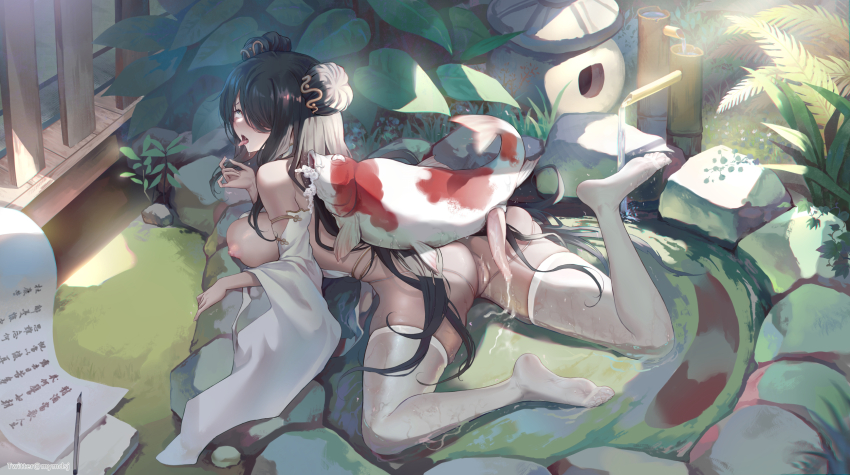 1girl after_vaginal ahegao ass azur_lane bestiality black_hair breasts calligraphy calligraphy_brush censored china_dress chinese_clothes chinese_commentary dark-skinned_female dark_skin detached_sleeves double_bun dress fish from_above full_body green_eyes hair_bun hair_over_one_eye highres large_breasts long_hair lying mixed-language_commentary mosaic_censoring nipples northampton_(azur_lane) northampton_ii_(azur_lane) northampton_ii_(comfy_crane_amidst_the_clouds)_(azur_lane) official_alternate_costume on_stomach outdoors paintbrush qisu see-through_clothes see-through_thighhighs solo thighhighs tongue tongue_out white_dress white_sleeves white_thighhighs