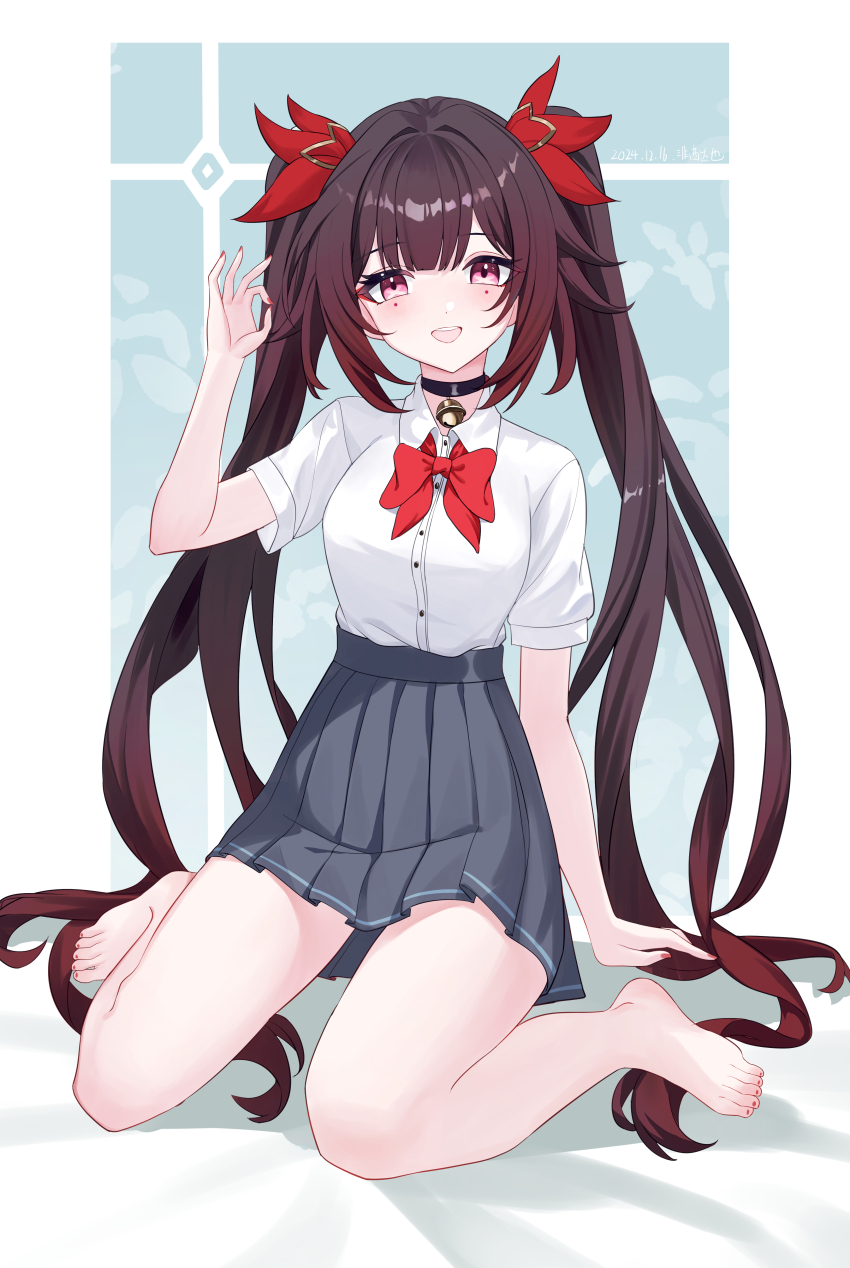 1girl absurdres alternate_costume bare_legs barefoot bell black_skirt bow bowtie breasts brown_hair dated feet hair_ribbon highres honkai:_star_rail honkai_(series) lao_xi legs long_hair looking_at_viewer medium_breasts neck_bell open_mouth pleated_skirt purple_eyes red_bow red_bowtie ribbon shirt sitting skirt solo sparkle_(honkai:_star_rail) toes twintails wariza white_shirt