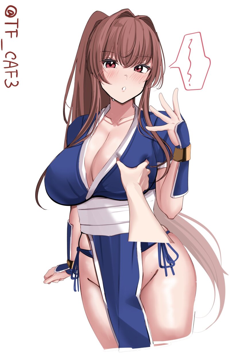 1girl arm_guards blush breasts brown_eyes brown_hair choker cleavage cosplay dead_or_alive disembodied_hand grabbing_another&#039;s_breast groping highres japanese_clothes kantai_collection kasumi_(doa) kasumi_(doa)_(cosplay) large_breasts long_hair looking_at_viewer ninja panties pelvic_curtain ponytail pov_cheek_grabbing_(meme) sash shin_guards side-tie_panties solo speech_bubble standing tf_cafe thighhighs underwear very_long_hair white_choker white_thighhighs yamato_(battleship) yamato_(kancolle)