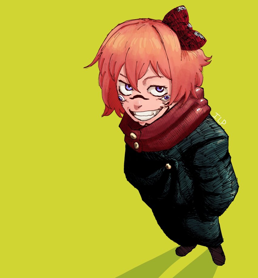 1girl absurdres cosplay doki_doki_literature_club dutch_angle extra_eyes facial_mark facial_tattoo foreshortening green_background grin hands_in_pockets highres jujutsu_kaisen jujutsu_tech_uniform looking_at_viewer mixerplayz69 orange_hair purple_eyes red_ribbon red_scarf ribbon ryoumen_sukuna_(jujutsu_kaisen) ryoumen_sukuna_(jujutsu_kaisen)_(cosplay) sayori_(doki_doki_literature_club) scarf simple_background smile solo tattoo