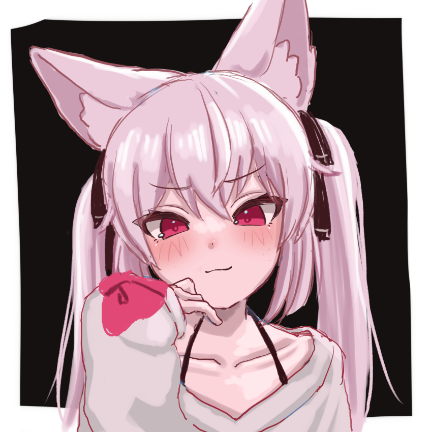 1girl :3 animal_ear_fluff animal_ears black_background black_ribbon blush border bra_strap cat_ears closed_mouth collarbone fox_ears grey_sweater hair_between_eyes hair_ribbon hand_on_own_cheek hand_on_own_face hand_up highres karin_(vrchat) long_hair long_sleeves looking_at_viewer outside_border pink_eyes pink_hair portrait red_eyes ribbon rosisanrosisan simple_background sketch sleeves_past_wrists smile smug solo sweater twintails upper_body vrchat white_border white_sweater
