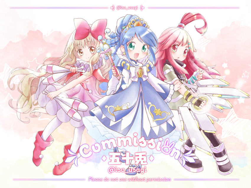3girls abby_(aotu_world) ahoge aotu_world aqua_gloves artist_name asymmetrical_gloves black_footwear black_gloves black_leggings black_scarf blonde_hair blue_dress blue_footwear blue_hair blush boots bow closed_mouth clown clown_drop club_(weapon) commentary commission crossover dress drill_hair earrings fingerless_gloves frilled_dress frills full_body fushigiboshi_no_futago_hime gloves gown green_eyes green_shirt hair_bow hair_intakes hair_ornament hairclip highres holding holding_club holding_juggling_club holding_wand holding_weapon huge_ahoge iso_usagi jewelry juggling_club leggings long_hair long_sleeves looking_at_viewer magical_girl mashiro_rima medallion multicolored_background multicolored_gloves multiple_girls neck_ruff open_mouth pantyhose parted_lips pink_background pink_dress pointy_footwear pom_pom_(clothes) red_bow red_eyes red_footwear red_hair rein_(futagohime) rein_(prominence_dress_up)_(futagohime) ringlets scarf shirt shoes short_sleeves shugo_chara! side-by-side sidelocks sleeveless sleeveless_dress smile star_(symbol) star_earrings striped_clothes striped_shirt supportasse thick_eyebrows tiara twitter_username two-tone_gloves very_long_hair wand wavy_hair weapon white_bow white_gloves white_pantyhose wide_sleeves yellow_background yellow_eyes yellow_gloves