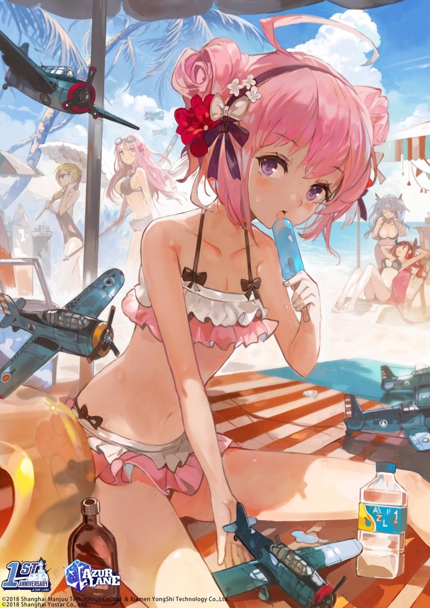 6+girls ahoge aircraft airplane alchemaniac alternate_costume azur_lane bare_shoulders beach_mat beach_umbrella bikini black_bikini black_hairband black_ribbon blonde_hair blue_eyes blue_sky blush bow breasts choker cleavage closed_mouth cloud collarbone day double_bun eyewear_on_head flower frilled_bikini frills hair_between_eyes hair_bow hair_bun hair_flower hair_ornament hair_over_shoulder hair_ribbon hairband highres honolulu_(azur_lane) honolulu_(summer_accident?!)_(azur_lane) hood_(azur_lane) hood_(lady_of_the_shining_sun)_(azur_lane) large_breasts lexington_(azur_lane) logo long_hair looking_at_viewer medium_breasts mole mole_on_breast multicolored_hair multiple_girls navel official_art one-piece_swimsuit open_mouth palm_tree parasol parted_lips pink_hair prinz_eugen_(azur_lane) prinz_eugen_(unfading_smile)_(azur_lane) purple_eyes red_eyes red_hair ribbon saratoga_(azur_lane) saratoga_(seven_seas_of_rest)_(azur_lane) side-tie_bikini_bottom silver_hair sitting sky small_breasts smile streaked_hair sunglasses surfboard swimsuit tree twintails two_side_up umbrella very_long_hair watermark