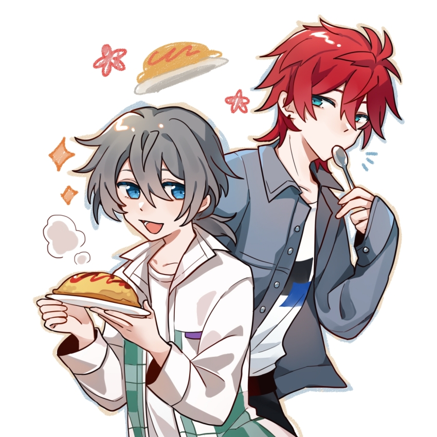 2boys amagi_rinne aqua_eyes black_pants blue_eyes chinese_commentary commentary_request ensemble_stars! food grey_hair grey_jacket hair_between_eyes highres holding holding_plate holding_spoon jacket male_focus multicolored_outline multiple_boys omelet omurice open_clothes open_jacket open_mouth outline pants plate red_hair shiina_niki shirt short_hair simple_background smile sparkle spoon steaming_food tie_fei_wu_mang_dashuai white_background white_jacket white_shirt