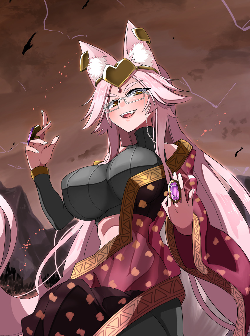 1girl absurdres akitokage animal_ear_fluff animal_ears breasts commentary commentary_request dress earrings fate/grand_order fate_(series) female_focus fox_ears fox_tail glasses groin hair_ornament highres indian_clothes indian_style jewelry koyanskaya_(fate) koyanskaya_(indian_lostbelt_outfit)_(fate) large_breasts long_hair looking_at_viewer looking_down lowleg midriff necklace open_mouth pink_hair sitting smile solo tail tamamo_(fate) yellow_eyes