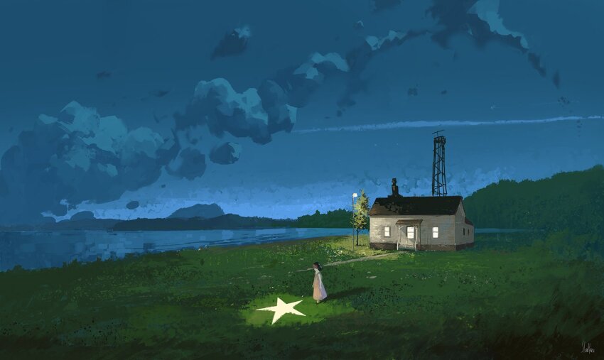 1girl cloud forest house lamppost nature night night_sky original river scenery sky slow_d solo star_(symbol) tower tree utility_pole water
