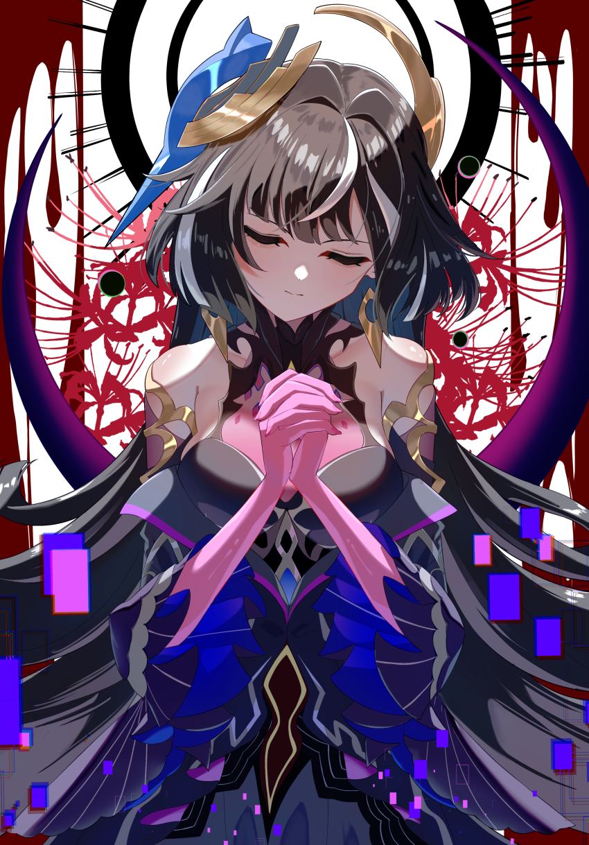1girl absurdres bare_shoulders black_dress brown_hair commentary_request dress eight_(eight3rd1) flower highres honkai_(series) honkai_impact_3rd interlocked_fingers leylah_(honkai_impact) long_hair multicolored_eyes multicolored_hair own_hands_together purple_hands solo spider_lily streaked_hair two-tone_hair very_long_hair