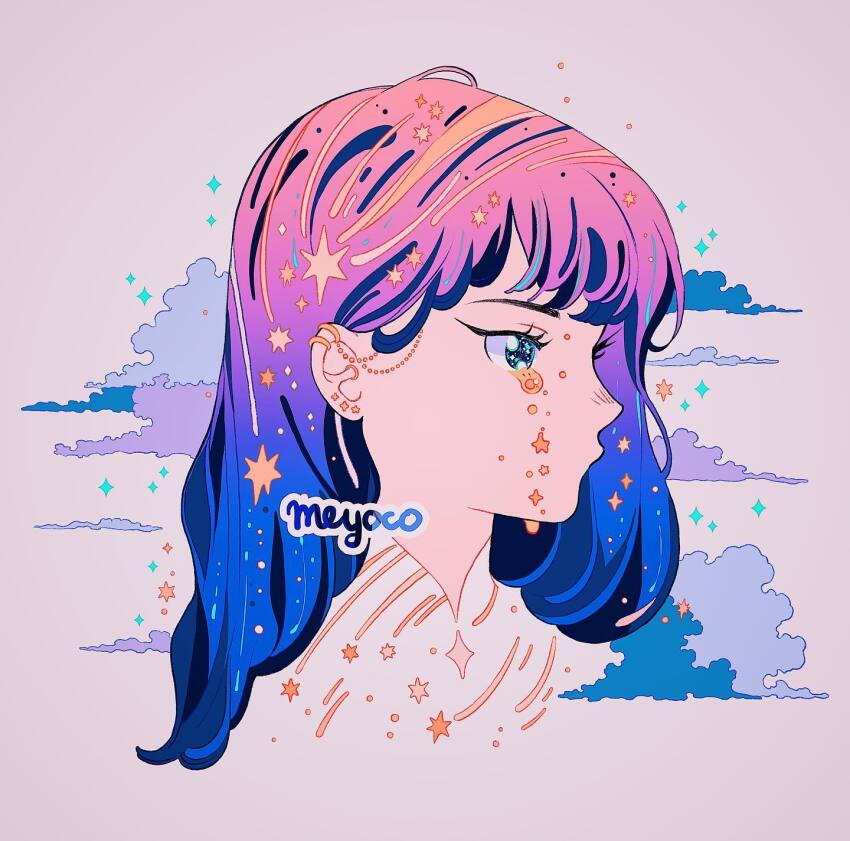 1girl aqua_eyes artist_name blue_hair cloud colored_tears crying ear_piercing gradient_hair grey_background highres jpeg_artifacts meyoco multicolored_hair no_nose original piercing pink_hair portrait profile purple_hair simple_background solo star_tears