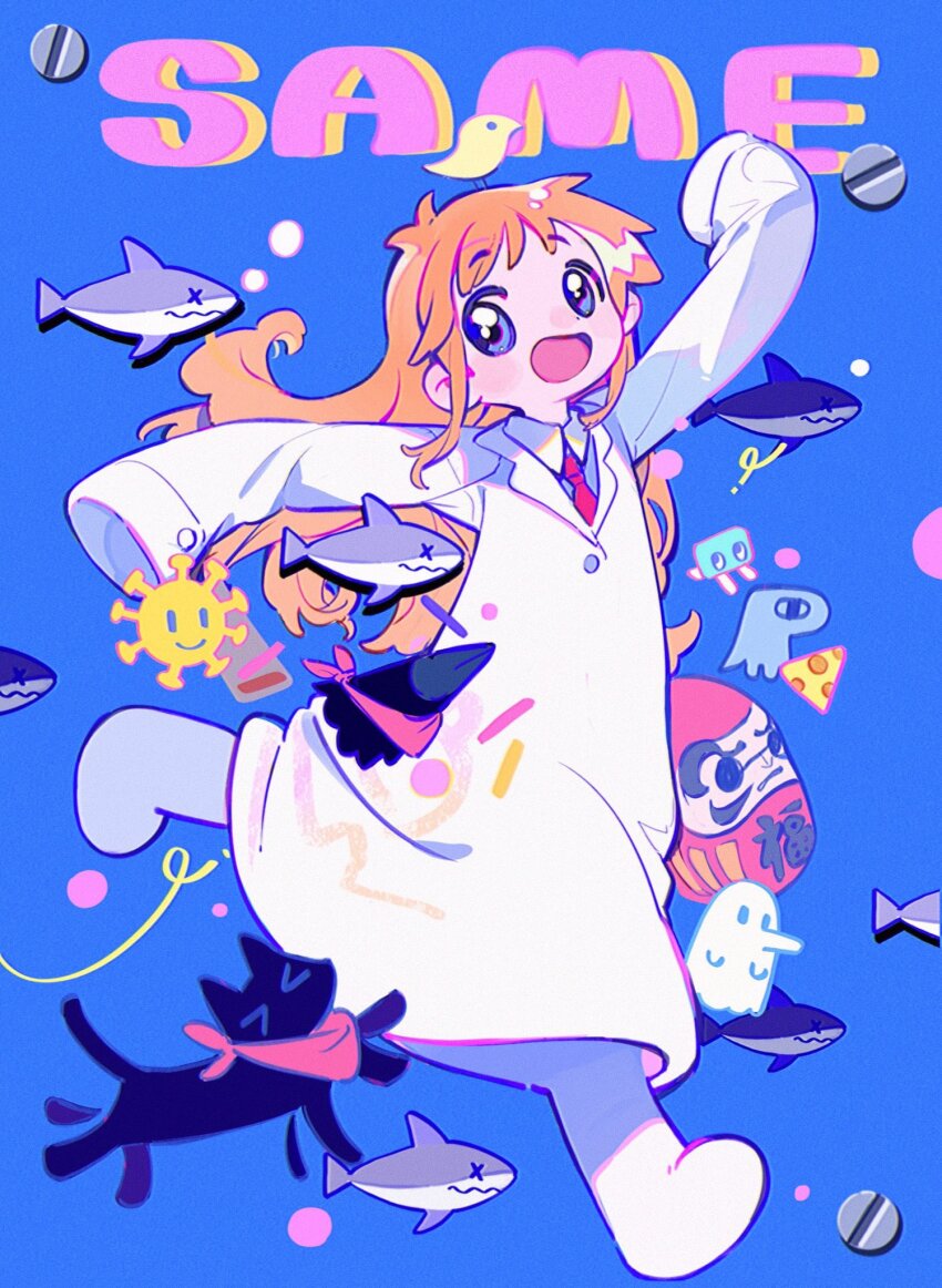 &gt;_&lt; 1girl bird black_cat blue_eyes blush_stickers cat closed_lab_coat crow_(nichijou) daruma_doll highres lab_coat long_sleeves mogura_(nichijou) necktie nichijou open_mouth orange_hair professor_shinonome red_necktie red_scarf renzhi00334233 romaji_commentary romaji_text running sakamoto_(nichijou) scarf shark sleeves_past_fingers sleeves_past_wrists smile