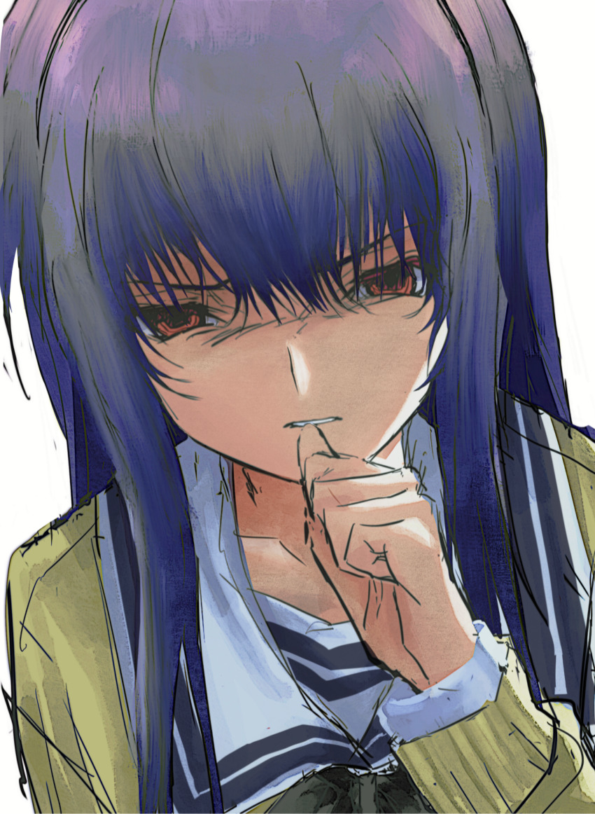 1girl angry biting blue_hair furrowed_brow glaring hand_up highres kimi_to_kanojo_to_kanojo_no_koi. long_hair long_sleeves looking_at_viewer nail_biting portrait red_eyes sailor_collar simple_background solo sone_miyuki sweater tako3000 white_background white_sailor_collar yellow_sweater