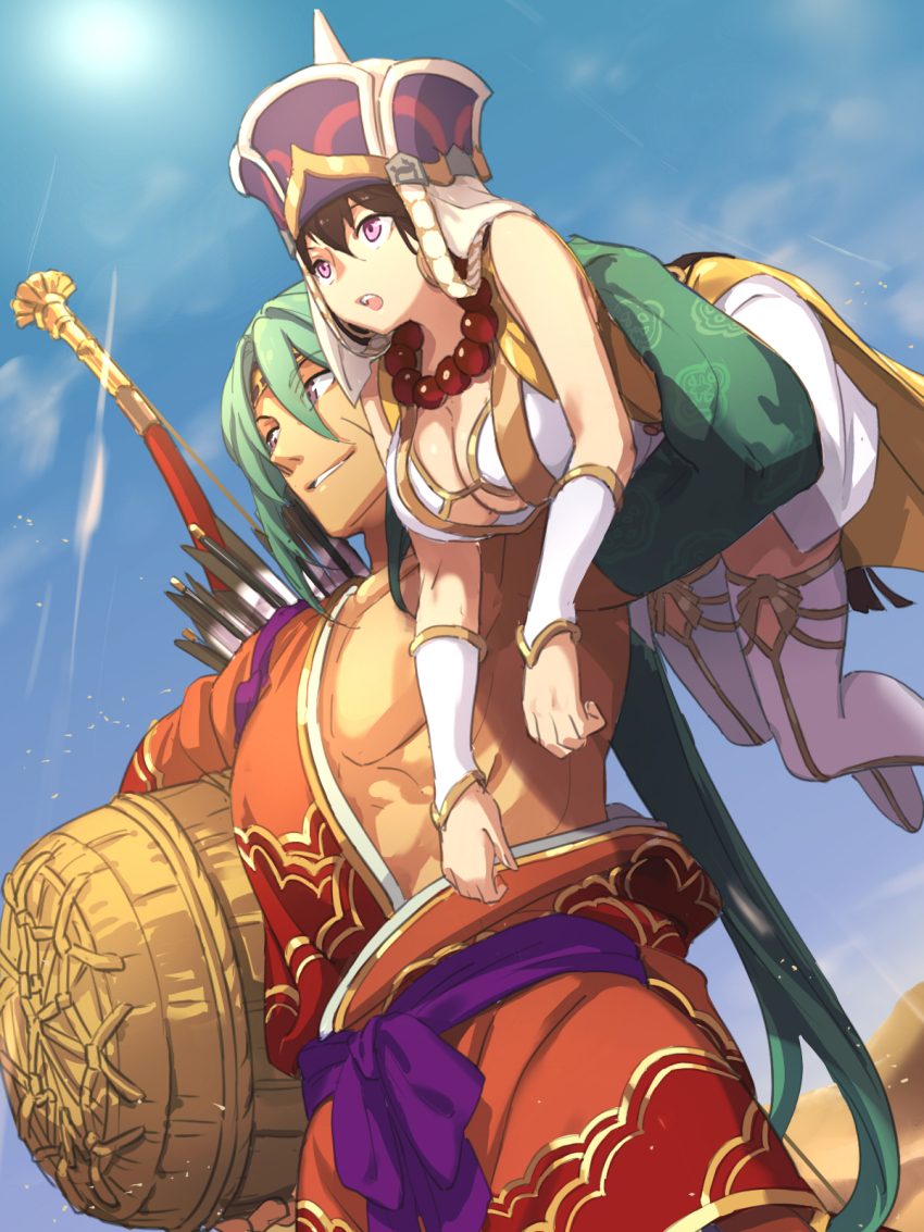 1boy 1girl arm_out_of_sleeve arrow_(projectile) bare_shoulders bead_necklace beads blue_sky bow_(weapon) bra breasts brown_hair carrying carrying_over_shoulder carrying_person desert earrings fate/grand_order fate_(series) from_below green_hair hair_between_eyes hat headband highres hoop_earrings jacket japanese_clothes jewelry kimono large_breasts long_hair moyashi_mou2 muscular muscular_male necklace outdoors plunging_neckline purple_eyes purple_hat purple_sash sand sash single_off_shoulder sky sleeveless sleeveless_jacket smile sun sunlight tawara_touta_(fate) thighhighs underboob underwear weapon xuangzang_sanzang_(fate) yellow_jacket