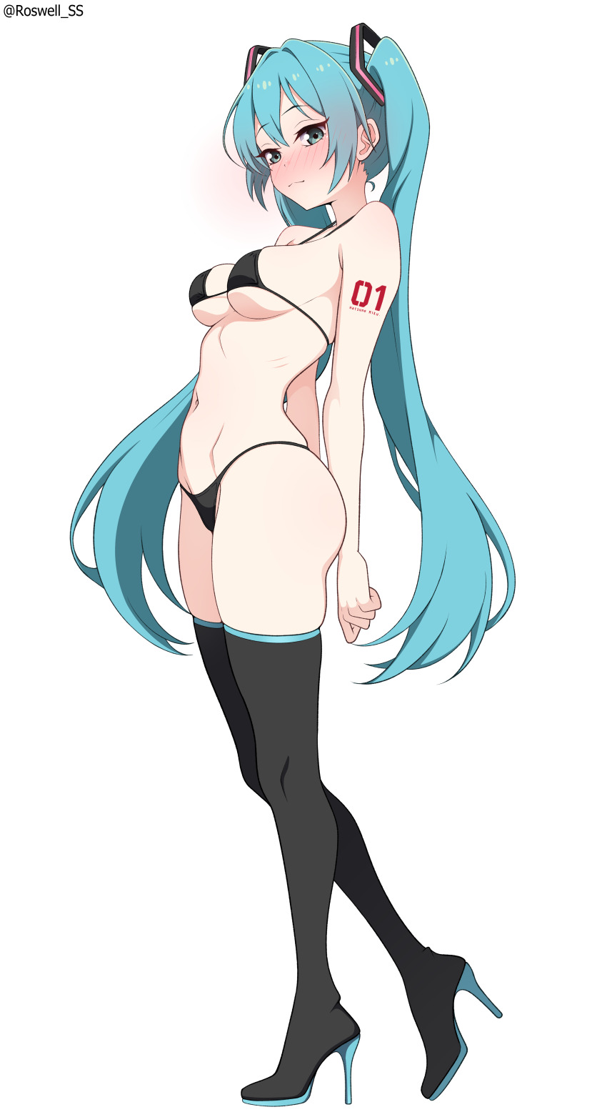 1girl absurdres aqua_eyes aqua_hair arm_tattoo bikini black_thighhighs blush boots breasts full_body hatsune_miku high_heel_boots high_heels highres long_hair looking_at_viewer medium_breasts micro_bikini roswell_ss simple_background solo stiletto_heels swimsuit tattoo thigh_boots thighhighs twintails very_long_hair vocaloid white_background