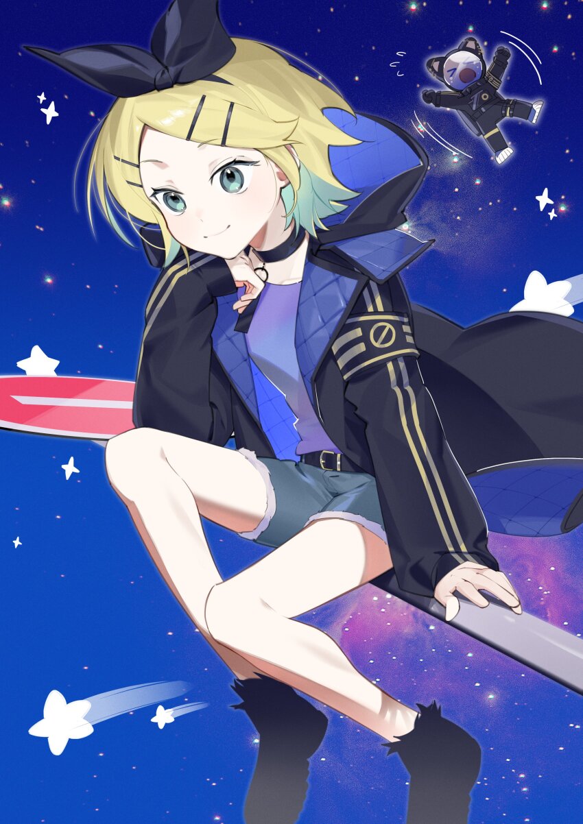 1girl absurdres blonde_hair blue_eyes bow commentary cosplay flying hair_bow hair_ornament hair_ribbon hairclip handprint highres holostars hood jacket juu_(45_jujut) kagamine_rin kanade_izuru kanade_izuru_(1st_costume) kanade_izuru_(cosplay) long_sleeves padded_jacket parallel_hairclips purple_shirt ribbon road_sign shirt short_hair shorts sign sitting smile solo_focus space star_(sky) symbol-only_commentary two-sided_fabric vocaloid