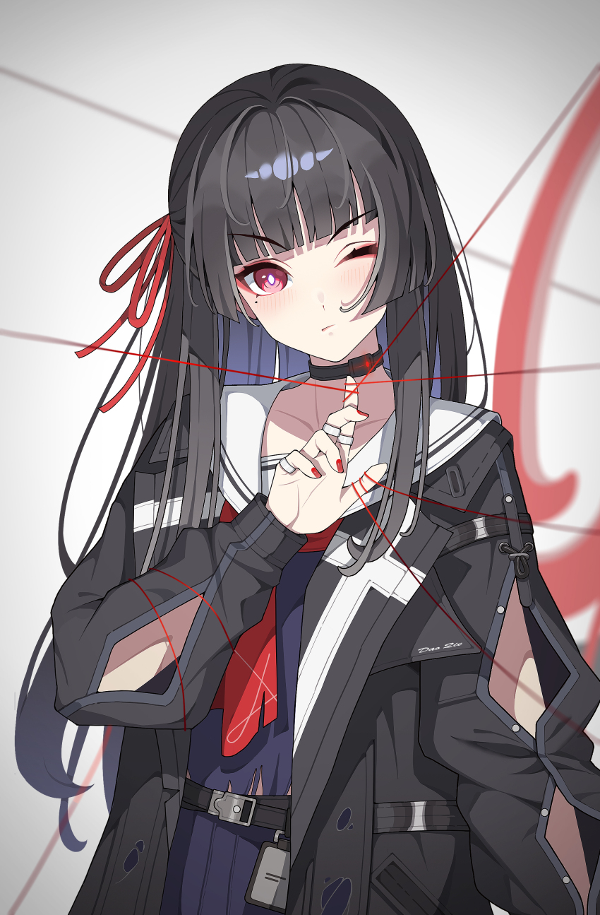 1girl absurdres arm_cutout black_choker black_hair black_jacket black_serafuku blunt_bangs chisa_(wuthering_waves) choker clothing_cutout commentary dao_qie hair_ribbon hand_up highres jacket light_blush long_hair long_sleeves looking_at_viewer mole mole_under_eye nail_polish neckerchief one_eye_closed red_eyes red_nails red_neckerchief red_ribbon ribbon sailor_collar school_uniform serafuku solo string string_of_fate upper_body white_sailor_collar wuthering_waves