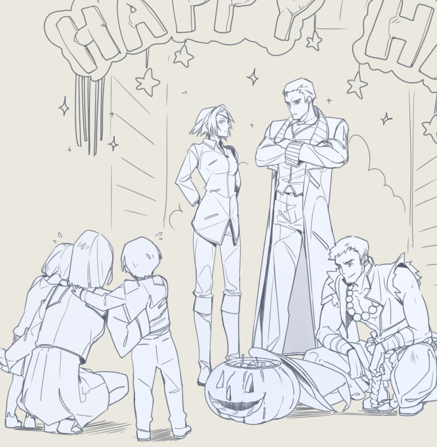 3boys 3girls arms_behind_back balloon boots candy child coat collared_jacket commentary crossed_arms elbows_on_knees expressionless eyepatch facial_hair final_fantasy final_fantasy_viii flying_sweatdrops food fuujin_(ff8) hair_slicked_back halloween hand_on_another&#039;s_back hand_on_another&#039;s_shoulder hat highres jack-o&#039;-lantern jacket jewelry knee_boots long_coat monochrome multiple_boys multiple_girls muscular muscular_male necklace nini_tw99 open_clothes open_coat outdoors pants raijin_(ff8) scar scar_on_face scared school_uniform seifer_almasy serious shirt short_hair skirt sleeveless sleeveless_jacket smile sparkle squatting standing star_(symbol) topless_male torn_clothes torn_sleeves unworn_headwear v-neck witch_hat