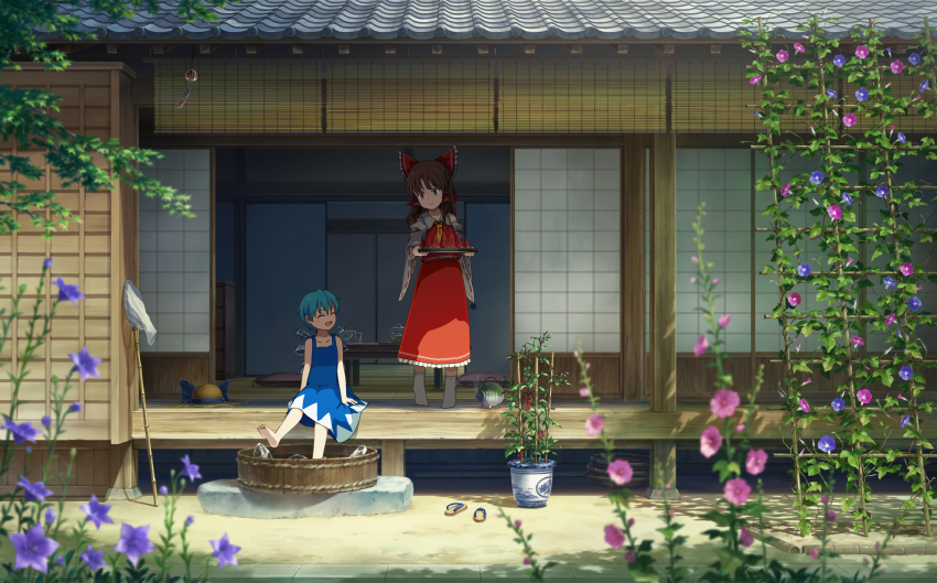 2girls :d ^_^ absurdres aqua_hair ascot bamboo_screen bare_shoulders barefoot blue_dress blurry blurry_foreground bow brown_eyes brown_hair bucket butterfly_net cirno closed_eyes collarbone commentary_request day detached_sleeves dress flower food frilled_hair_tubes frills fruit hair_bow hair_tubes hakurei_reimu hakurei_shrine hand_net hat hat_bow highres holding holding_tray ice long_hair morning_glory multiple_girls open_mouth pinafore_dress pink_flower plant potted_plant purple_flower red_bow red_shirt red_skirt ribbon-trimmed_sleeves ribbon_trim sandals sasaj scenery shade shirt short_hair shouji sitting skirt sleeveless sleeveless_dress sleeveless_shirt sliding_doors smile soaking_feet socks standing summer sun_hat table tile_roof touhou tray unworn_hat unworn_headwear unworn_sandals veranda vines watermelon watermelon_slice white_sleeves white_socks wooden_bucket yellow_ascot