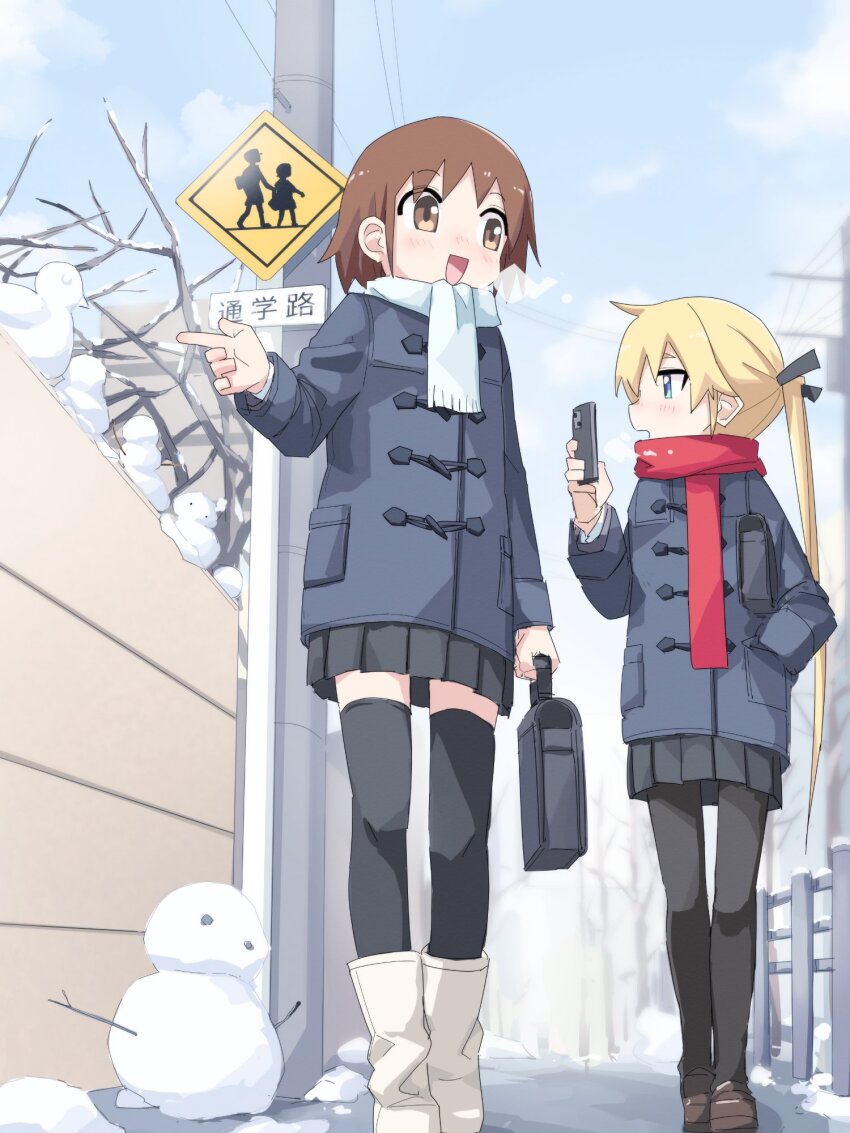 2girls bag black_pantyhose black_ribbon black_skirt black_thighhighs blonde_hair blue_coat blue_eyes blush boots brown_eyes brown_footwear brown_hair cel cellphone coat day hair_ribbon hand_in_own_hair highres holding holding_phone kill_me_baby long_hair long_sleeves multiple_girls open_mouth oribe_yasuna outdoors pantyhose phone pleated_skirt power_lines red_scarf ribbon scarf shoes short_hair sign skirt smartphone snow snowman sonya_(kill_me_baby) standing thighhighs tree walking white_footwear white_scarf winter winter_clothes yachima_tana