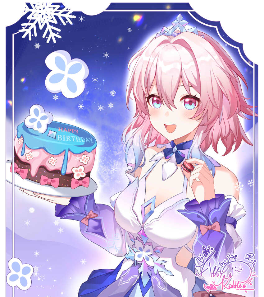 1girl abby_riddle absurdres bare_shoulders birthday_cake blue_collar blue_dress blue_eyes blue_hair bow breasts cake chinese_commentary clothing_cutout collar colored_tips commentary_request detached_sleeves dress food gradient_sleeves happy_birthday highres holding holding_food honkai:_star_rail honkai_(series) march_7th_(honkai:_star_rail) march_7th_(nascent_spring)_(honkai:_star_rail) medium_breasts medium_hair multicolored_eyes multicolored_hair official_alternate_costume open_mouth pink_bow pink_eyes pink_hair pink_pupils purple_dress purple_sleeves short_dress signature smile solo teeth tiara two-tone_collar two-tone_eyes upper_body upper_teeth_only white_collar white_dress white_sleeves