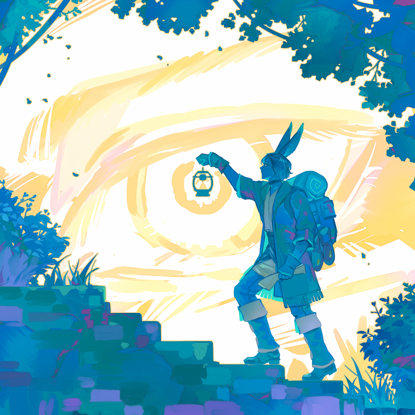 1boy animal_ears backpack bag black_choker blue_coat blue_footwear blue_hair blue_skin boots choker coat colored_skin erenville final_fantasy final_fantasy_xiv from_side full_body highres holding_lamp knee_boots limited_palette male_focus oil_lamp outdoors rabbit_ears short_hair stairs viera walking yellow_eyes zmeoow