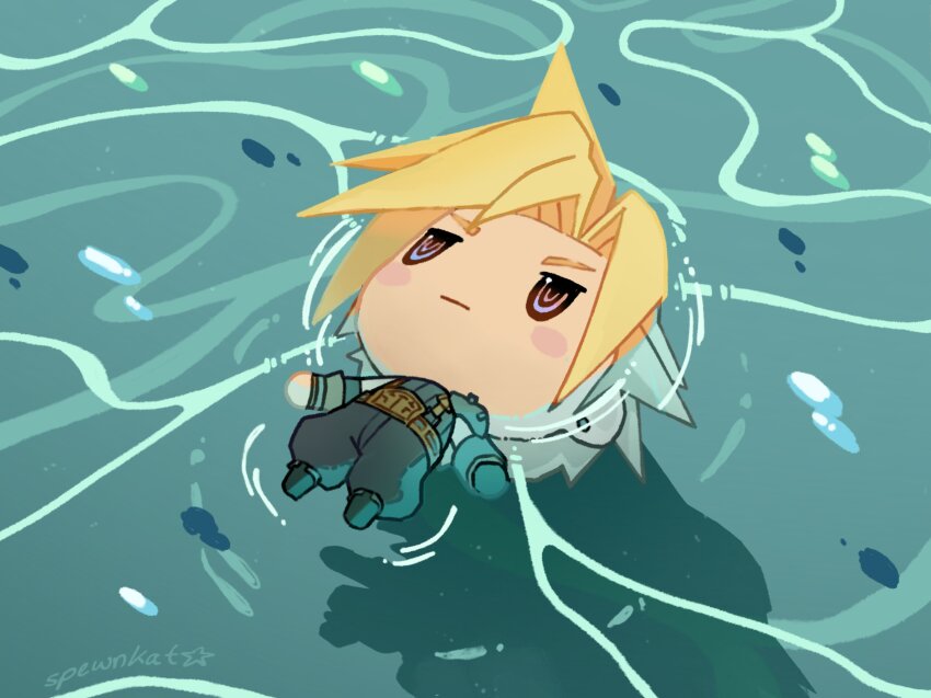 1boy afloat armor belt black_footwear black_gloves black_pants blonde_hair blush_stickers brown_belt chibi cloud_strife commentary day earrings english_commentary expressionless final_fantasy final_fantasy_vii full_body gloves highres in_water jewelry jitome lying male_focus on_back outdoors pants pauldrons puffy_pants short_hair shoulder_armor signature single_glove single_pauldron solo spewnkat spiked_hair stud_earrings suspenders water world_of_final_fantasy