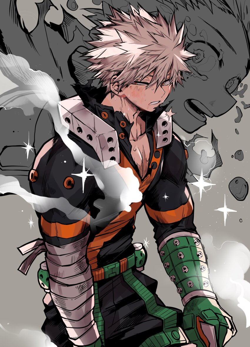 2boys bakugou_katsuki bandaged_arm bandages belt black_pants black_shirt blonde_hair boku_no_hero_academia chiyaya collarbone collared_shirt cowboy_shot crying crying_with_eyes_open explosive gloves green_belt grenade grey_background highres looking_to_the_side male_focus midoriya_izuku multiple_boys open_collar pants parted_lips red_eyes shirt short_hair smoke sparkle spiked_hair superhero_costume tears teeth torn_clothes torn_shirt uneven_eyes wide-eyed