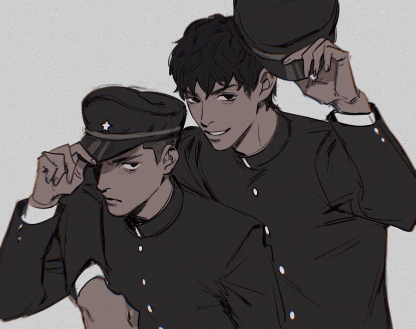 2boys arm_around_neck behind_another bishounen black_eyes black_hair buttons character_request check_character chromatic_aberration closed_mouth film_grain fingernails from_side gakuran gakuseibou go_e_0000 grey_background hand_up hat highres holding holding_unworn_clothes holding_unworn_hat layered_sleeves limited_palette lips litchi_hikari_club long_sleeves looking_at_viewer looking_to_the_side male_focus messy_hair military_hat multiple_boys niko_(litchi_hikari_club) nose parted_lips peaked_cap school_uniform short_hair simple_background smile star_(symbol) tamiya_hiroshi teeth unworn_hat unworn_headwear upper_body