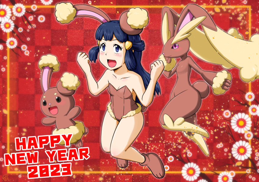 1other 2023 2girls alternate_costume animal_nose arms_up bare_shoulders black_eyes blue_eyes blush body_fur border breasts brown_footwear brown_fur brown_leotard buneary buneary_(cosplay) cameltoe checkered_background chinese_zodiac clenched_hands collarbone cosplay dawn_(pokemon) english_text evolutionary_line flower full_body fur-trimmed_leotard fur_trim furry furry_female gen_4_pokemon gouguru groin hair_ornament hairclip hand_to_own_mouth hand_up hands_up happy happy_new_year jumping knees_together_feet_apart leg_up legs leotard looking_up lopunny matching_hair/eyes multiple_girls new_year nintendo open_mouth orange_border paw_shoes petals pink_eyes playboy_bunny pokemon pokemon_(creature) pokemon_dppt rabbit_ears rabbit_girl rabbit_tail red_background sidelocks signature small_breasts smile strapless strapless_leotard thick_thighs thighs two-tone_fur white_flower year_of_the_rabbit yellow_fur
