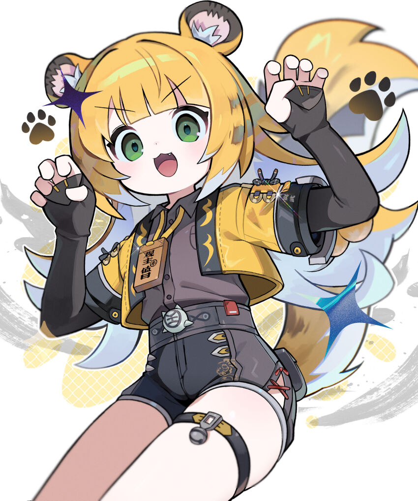 1girl absurdres animal_ear_fluff animal_ears black_gloves black_shirt black_shorts claw_pose collared_shirt commentary fang fingerless_gloves gloves green_eyes high-waist_skirt highres ju_fufu looking_at_viewer morizo_(morizoshop) multicolored_hair open_mouth orange_hair paw_print shirt short_shorts shorts simple_background skirt solo sparkle symbol-only_commentary tail thigh_strap tiger_ears tiger_girl tiger_tail white_hair zenless_zone_zero