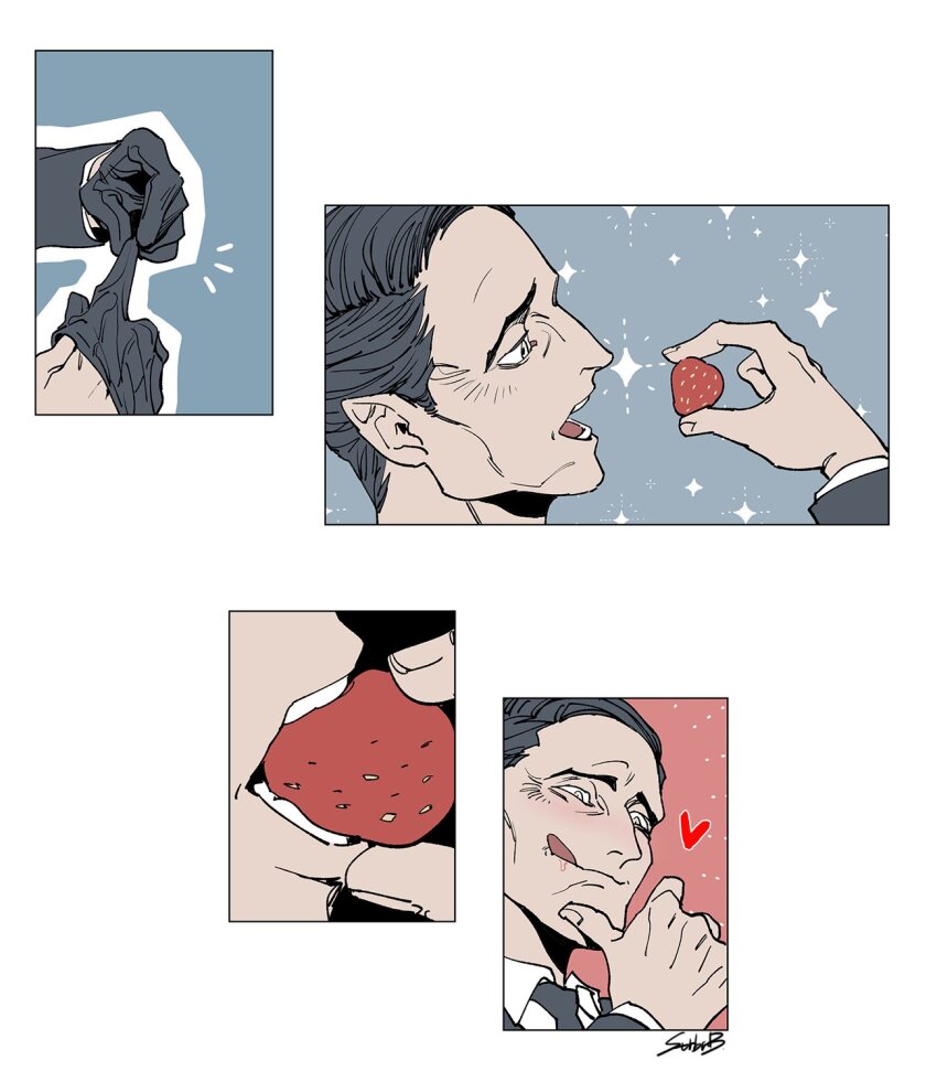 1boy biting blush close-up collared_shirt commentary eating food fruit glove_pull gloves hand_on_own_chin hand_up happy heart highres holding holding_food ichigo_beeru jacket limited_palette long_sleeves male_focus mature_male multiple_views necktie open_mouth profile shirt short_hair signature smile sparkle strawberry symbol-only_commentary teeth tomiiri_junzo tongue tongue_out toshi_densetsu_kaitai_center
