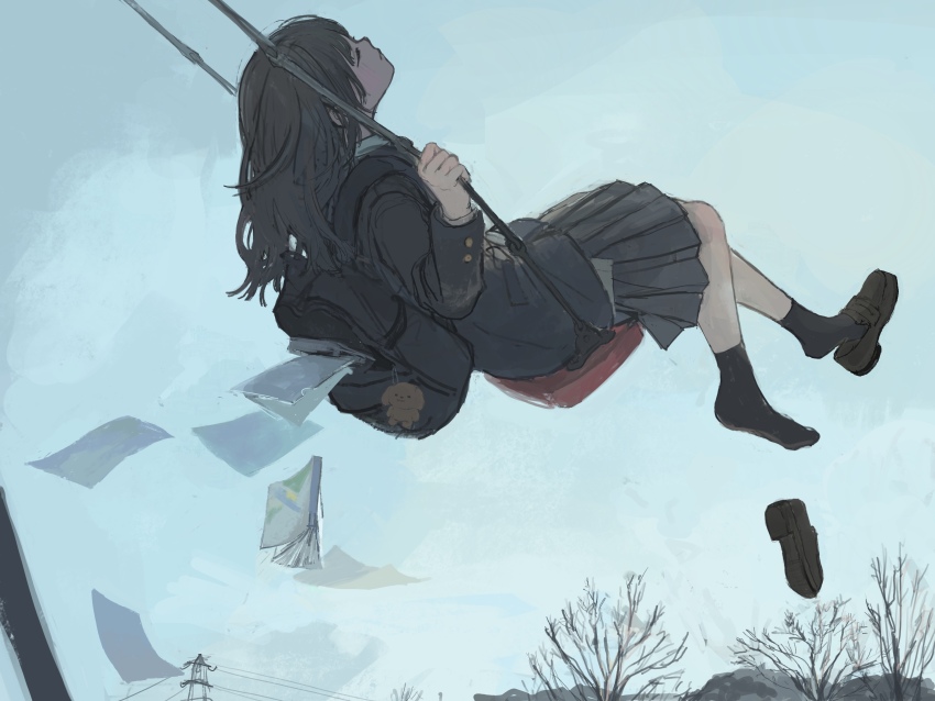 1girl 62_retas absurdres backpack bag bag_charm bare_tree black_bag black_hair black_jacket black_skirt black_socks blazer blue_sky brown_hair charm_(object) closed_eyes day falling floating hanging highres jacket loafers long_hair long_sleeves original outdoors paper pleated_skirt pole power_lines school_bag school_uniform shoe_dangle shoes single_shoe skirt sky socks solo swing tree unworn_shoes utility_pole