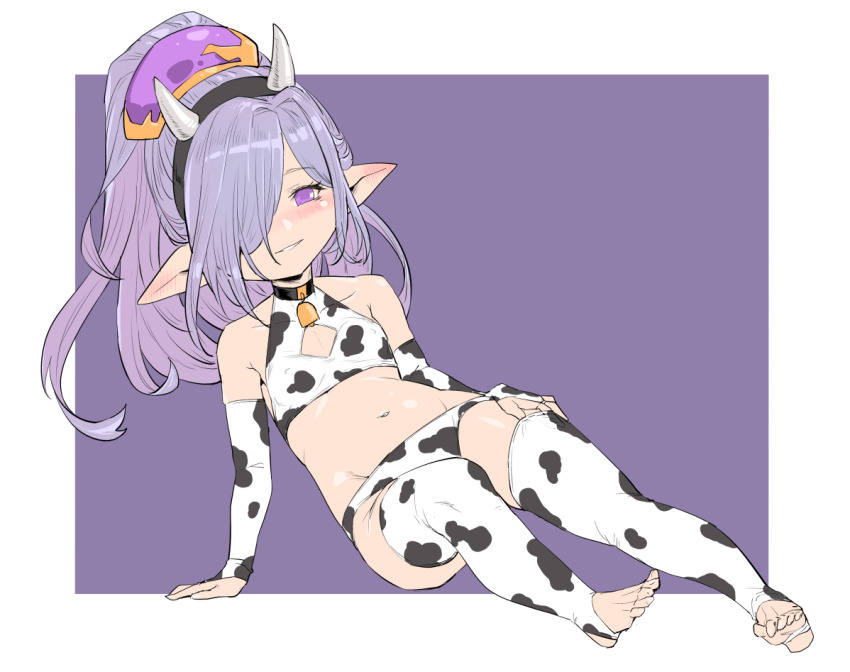 1girl animal_print bikini blush breasts cow_print cow_print_bikini cow_print_thighhighs full_body granblue_fantasy hair_over_one_eye harvin high_heels long_hair looking_at_viewer navel niyon_(granblue_fantasy) print_bikini print_thighhighs purple_eyes purple_hair small_breasts smile solo stirrup_legwear swimsuit thighhighs toeless_legwear yggsil