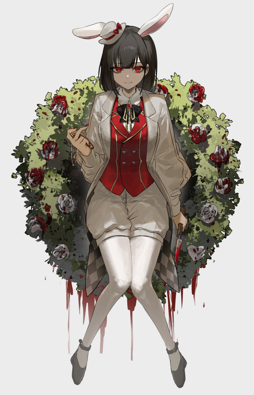 1girl alternate_costume animal_ears black_bow black_bowtie black_hair black_ribbon black_shoes blood blood_on_flower bloody_knife blunt_bangs bow bowtie breasts bush buttons closed_mouth collared_shirt flower full_body grey_background hat high_heels highres holding holding_knife holding_pocket_watch jacket justjust_monika knees_together_feet_apart knife long_hair long_sleeves looking_at_viewer medium_breasts mini_hat mini_top_hat neck_ribbon open_clothes open_jacket pantyhose pocket_watch puffy_sleeves qiao_ling rabbit_ears red_bow red_eyes red_vest ribbon rose shiguang_dailiren shirt shoes shorts simple_background sitting smile solo tilted_headwear top_hat tuxedo_jacket vest watch white_background white_flower white_hat white_jacket white_pantyhose white_rose white_shirt white_shorts
