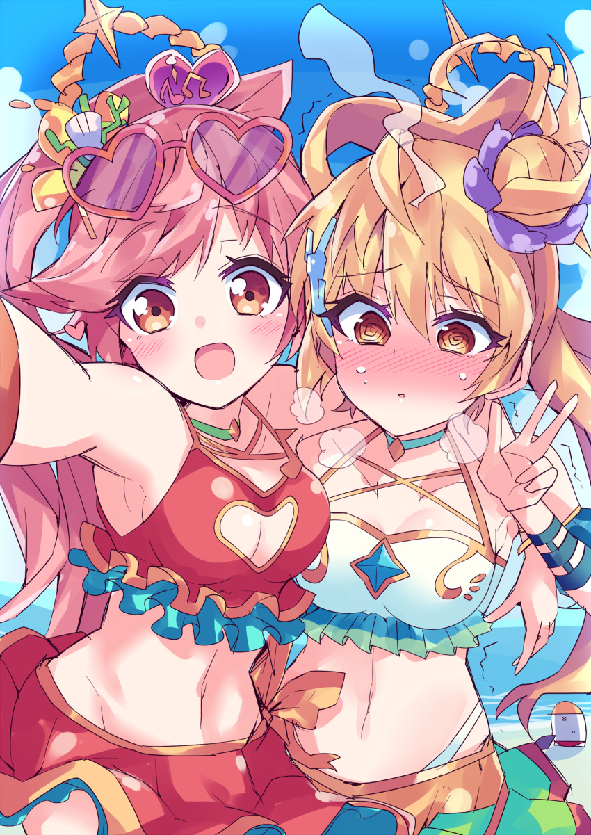 2girls ahoge blonde_hair blush breasts eyelashes highres himiya_jouzu medium_breasts metatron_(monster_stirke) monster_strike multiple_girls navel ocean open_mouth red_hair sandalphon_(monster_strike) selfie swimsuit v