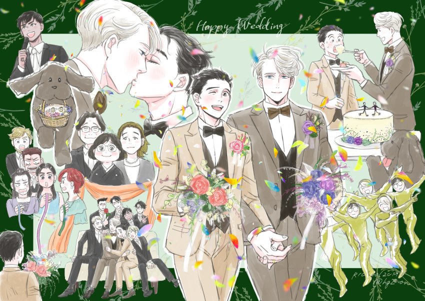 5girls 6+boys absurdres basket black_hair blonde_hair bouquet bow bowtie brown_eyes cake christophe_giacometti dog emil_nekola english_text feeding flower food highres holding_hands husband_and_husband jean-jacques_leroy jewelry katsuki_hiroko katsuki_mari katsuki_toshiya katsuki_yuuri kiss koizumi_riu lee_seung-gil makkachin michele_crispino microphone mila_babicheva mole mole_under_eye multiple_boys multiple_girls necklace okukawa_minako one_eye_closed open_mouth otabek_altin phichit_chulanont red_eyes red_hair sara_crispino silver_hair smile tuxedo viktor_nikiforov wedding wedding_cake yaoi yuri!!!_on_ice yuri_plisetsky