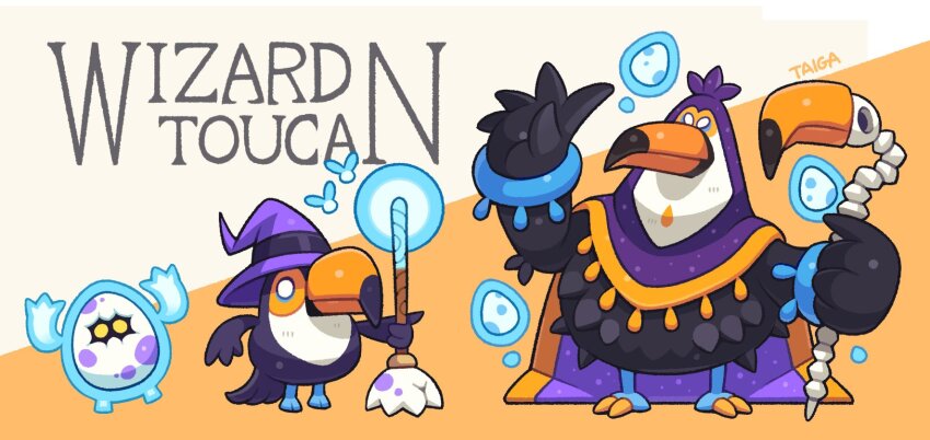 animal_focus bird bone broom cape egg energy hat highres kayama_taiga original purple_cape purple_hood toucan wizard wizard_hat
