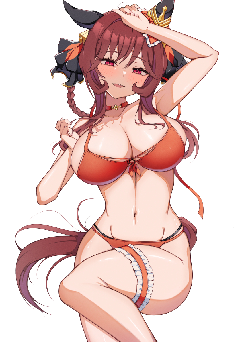1girl absurdres animal_ears bikini breasts ear_covers gentildonna_(umamusume) heart_ear_ornament highres horse_ears horse_girl horse_tail large_breasts looking_at_viewer newon red_bikini red_eyes simple_background smile solo swimsuit tail thigh_strap thighs umamusume white_background