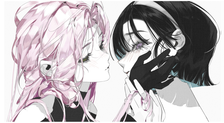 2girls absurdres alien_stage black_dress black_gloves black_hair bob_cut chenyuyu chinese_commentary closed_eyes commentary_request dress gloves hairband hand_on_another&#039;s_face highres holding_another&#039;s_hair long_hair mizi_(alien_stage) multiple_girls pink_hair purple_eyes short_hair sua_(alien_stage) white_hairband yuri