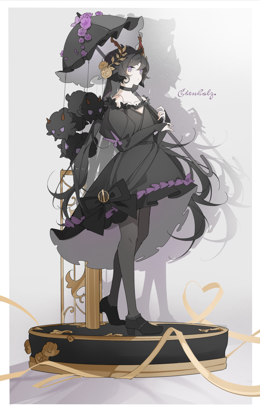 1boy absurdres ahoge alternate_costume animal_ears arknights bare_shoulders black_choker black_dress black_hair black_pantyhose black_sheep black_umbrella bow bridal_gauntlets character_name chinese_commentary choker collarbone commentary crossdressing crossdressing_(mtf) crossed_legs dress dress_bow ebenholz_(arknights) frilled_umbrella frills full_body goat_ears grey_background hair_between_eyes hana_soretsu highres holding holding_umbrella horns juliet_sleeves laurels long_hair long_sleeves looking_to_the_side male_focus music_box pantyhose parasol puffy_sleeves purple_eyes shadow simple_background solo spiral_horn stuffed_animal stuffed_sheep stuffed_toy trap umbrella very_long_hair watson_cross