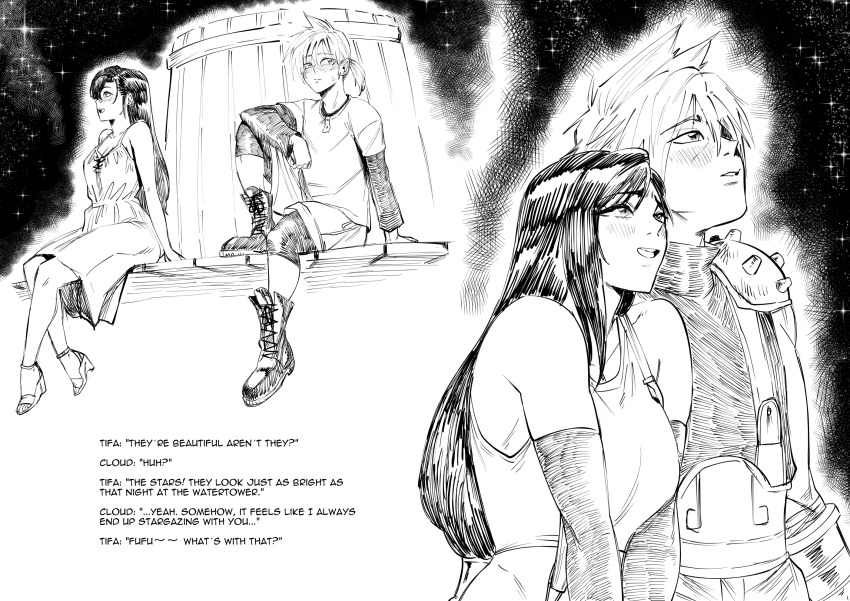 1boy 1girl aarokira cloud_strife couple english_text final_fantasy final_fantasy_vii greyscale hetero highres monochrome multiple_views night night_sky sitting sky stargazing tank_top tifa_lockhart