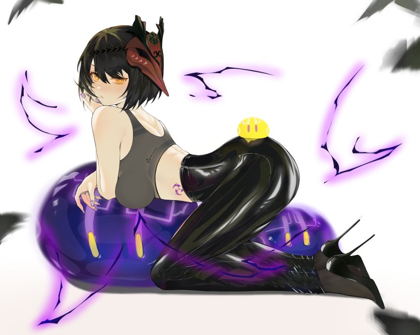 1girl absurdres bad_id bad_twitter_id black_feathers black_hair blush brashear_lushert breasts electricity electro_slime_(genshin_impact) feathers genshin_impact highres kujou_sara large_breasts looking_at_viewer short_hair simple_background slime_(genshin_impact) sports_bra white_background yellow_eyes