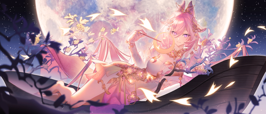 1girl absurdres breasts bridal_gauntlets chinese_commentary cleavage closed_mouth commentary_request covered_navel dress elysia_(honkai_impact) full_moon hair_between_eyes hair_ornament highres holding honkai_(series) honkai_impact_3rd large_breasts long_hair looking_at_viewer lying moon on_branch on_side pink_hair purple_eyes sang_sha smile solo very_long_hair white_bridal_gauntlets white_dress