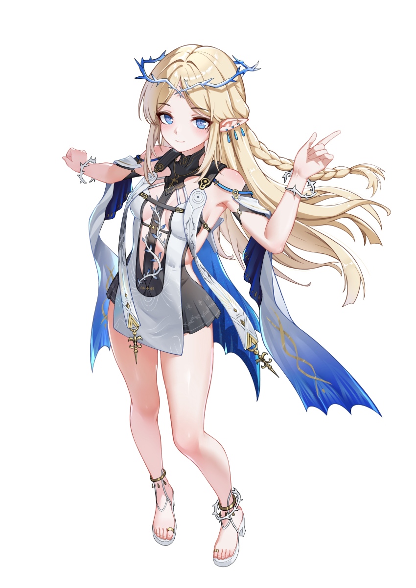 1girl absurdres bare_legs bare_shoulders black_dress blonde_hair blue_eyes braid breast_curtains breasts cartethyia_(wuthering_waves) chinese_commentary closed_mouth commentary_request crown_of_thorns dress feet full_body hand_up highres index_finger_raised legs long_hair looking_at_viewer pointy_ears sidelocks simple_background small_breasts smile solo tabard toes white_tabard wuthering_waves xiaoyu_yao_(htx1993601)