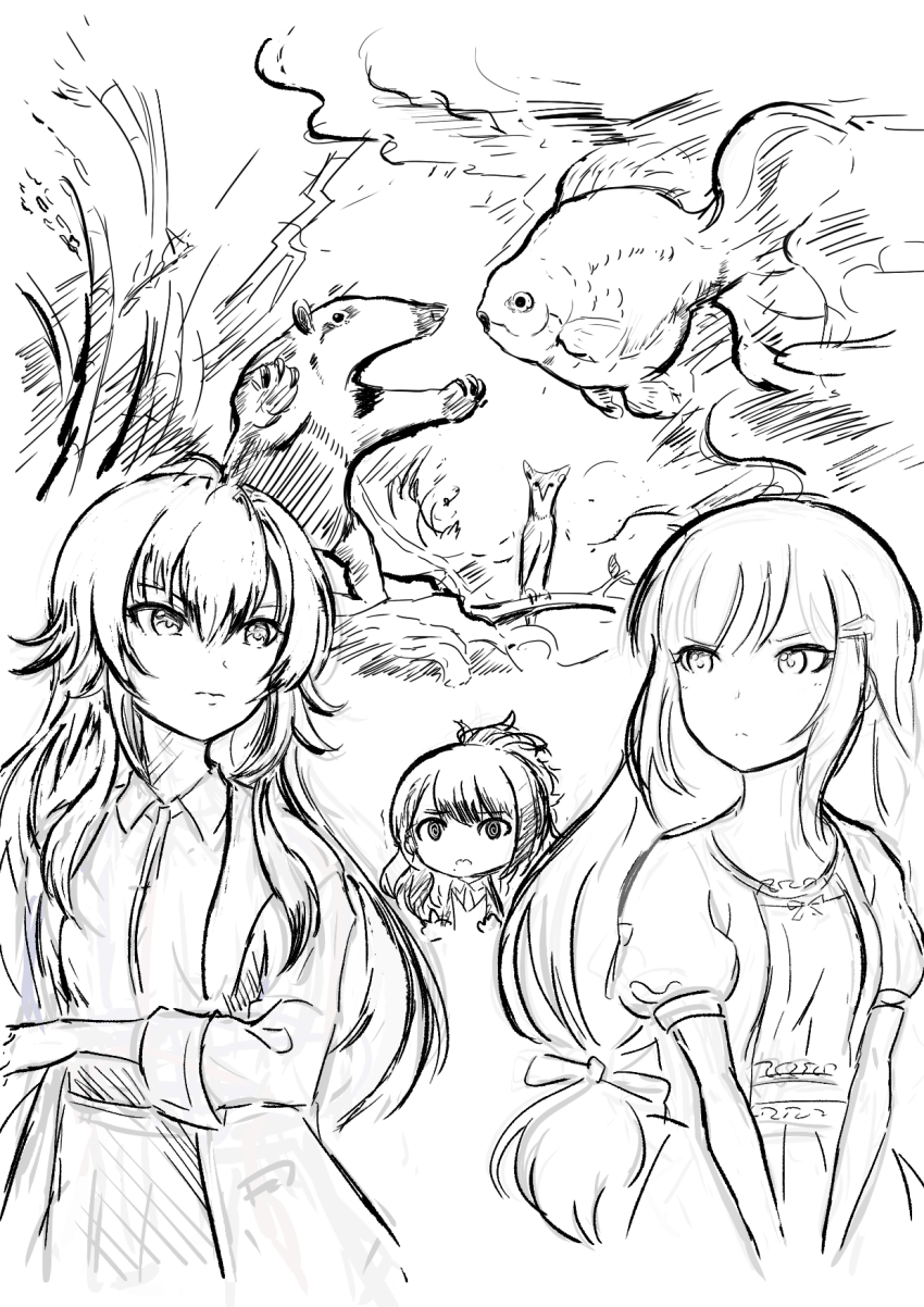 3girls @_@ animal anteater bird commentary_request confrontation eye_contact fish gakuen_idolmaster goldfish greyscale highres idolmaster idolmaster_million_live! idolmaster_shiny_colors in-franchise_crossover kazano_hiori long_hair looking_at_another low-tied_long_hair miyabi_keishirou mole mole_under_mouth monochrome multiple_girls owl shiraishi_tsumugi thunder trait_connection trembling tsukimura_temari upper_body v_arms very_long_hair
