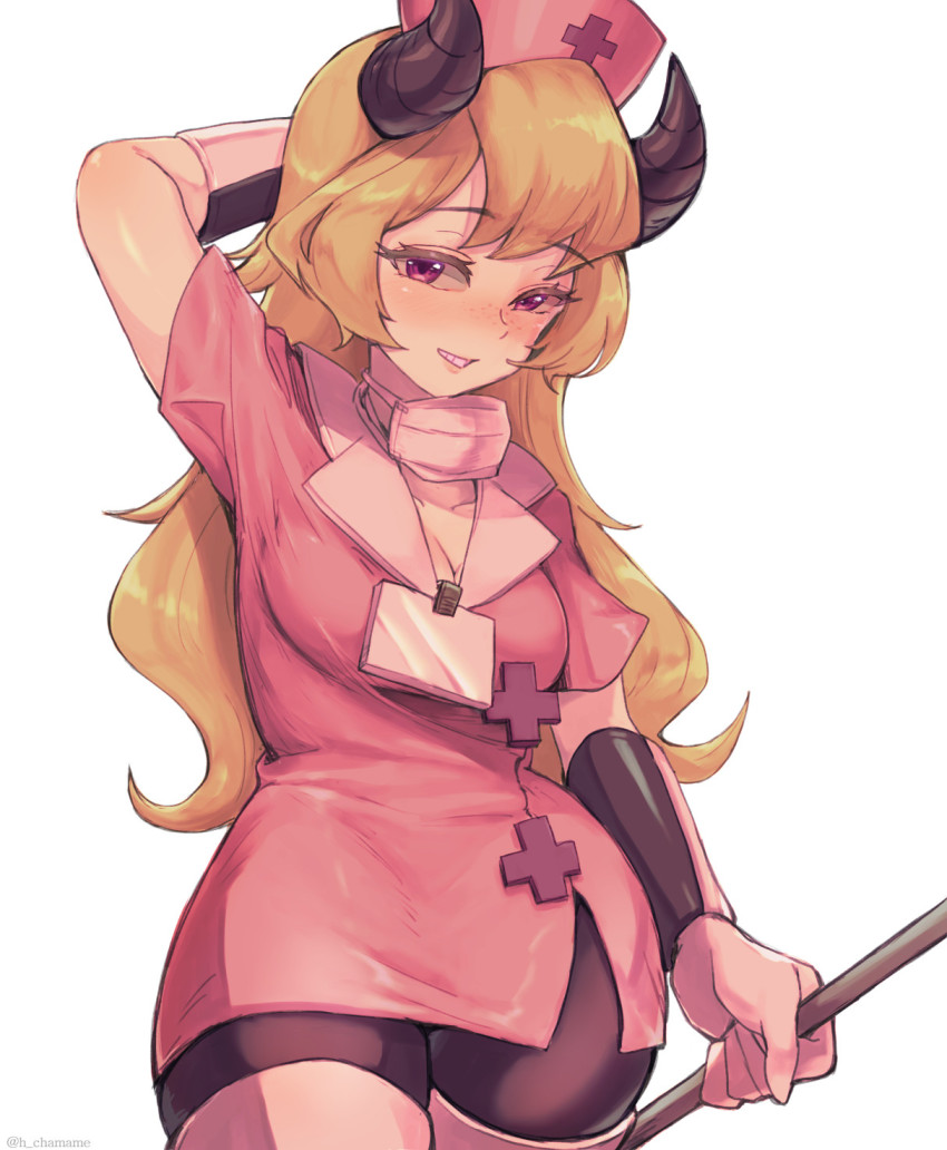 1girl alternate_hairstyle bike_shorts blonde_hair blush chamame freckles grin hat highres horns long_hair medical_scrubs name_tag nurse_cap patty_(skullgirls) purple_eyes revision skullgirls smile solo vambraces white_background