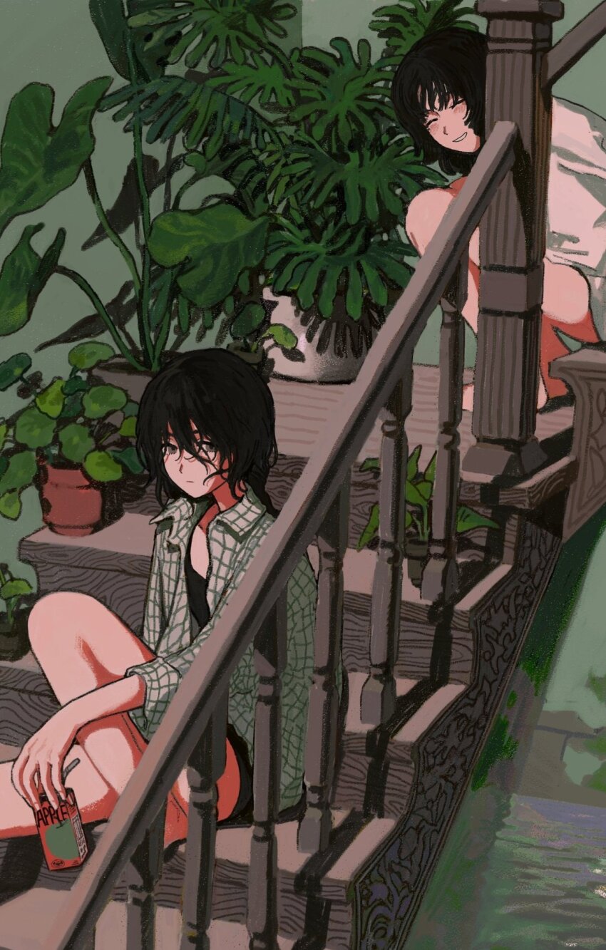 2girls apple bad_id bad_twitter_id banister black_dress black_hair closed_eyes dress drinking_straw expressionless flood food fruit grin hair_between_eyes hasu_art highres holding_juice_box indoors juice_box legs long_hair long_sleeves looking_at_viewer multiple_girls open_clothes open_shirt original plant potted_plant shirt short_dress sitting smile stairs unfinished water white_shirt